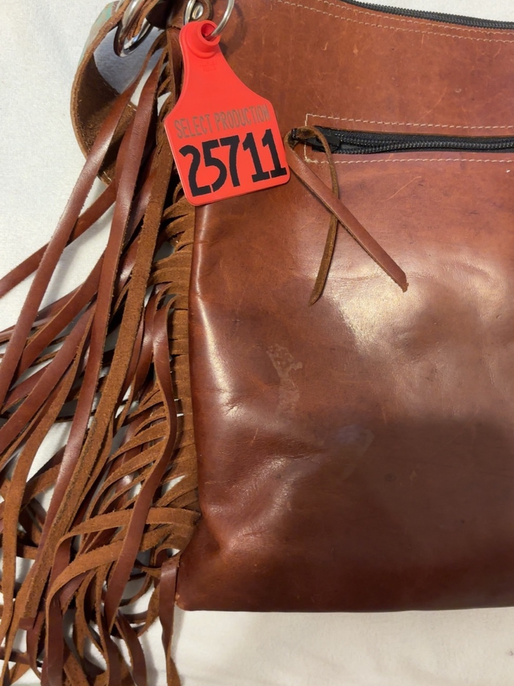 Turquoise Tooled Cowhide Fringe Shoulder Bag - Picture 3 of 5